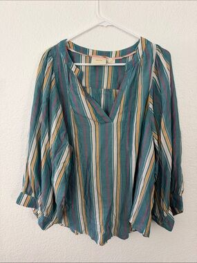 Mauve Teal Striped V-Neck Tunic with Mustard & Pink Accents